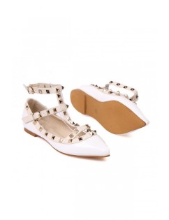 White Faux Leather Studded Pointed Toe Flats