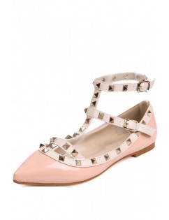 Pink Faux Leather Pointed Toe Studded Flats