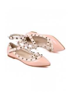 Pink Faux Leather Pointed Toe Studded Flats