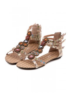 Apricot Boho Beaded Strappy Flat Sandals
