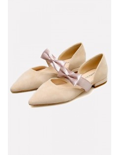 Apricot Suede Bowknot Pointed Toe Flats