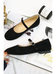 Black Suede Buckle Strap Round Toe Flats