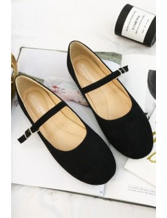 Black Suede Buckle Strap Round Toe Flats