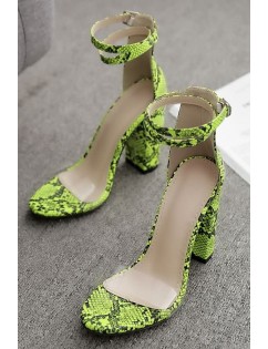 Neon Green Snakeskin Clear Ankle Strap Chunky Heel Sandals