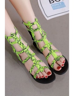 Neon Green Snakeskin Strappy Cutout Buckle Up Gladiator Sandals