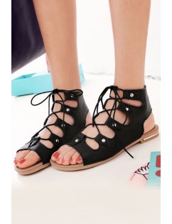 Black Lace Up Gladiator Flat Sandals