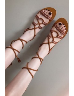 Brown Tribal Lace Up Strappy Open Toe Flat Sandals