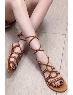 Brown Tribal Lace Up Strappy Open Toe Flat Sandals