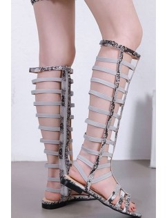 Light-gray Snakeskin Strappy Cutout Zipper Flat Gladiator Sandals