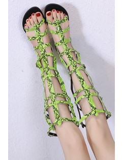 Neon Green Snakeskin Strappy Cutout Buckle Up Flat Gladiator Sandals