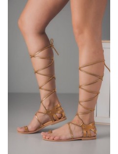 Light-brown Lace Up Strappy Toe Ring Gladiator Flat Sandals