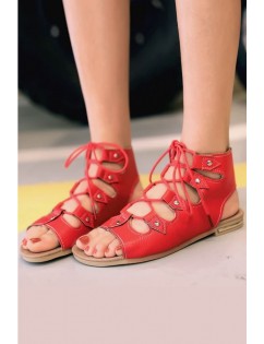 Red Lace Up Gladiator Flat Sandals
