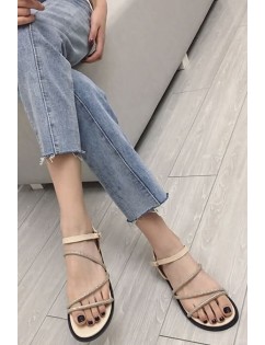 Apricot Strappy Rhinestone Ankle Strap Open Toe Flat Sandals