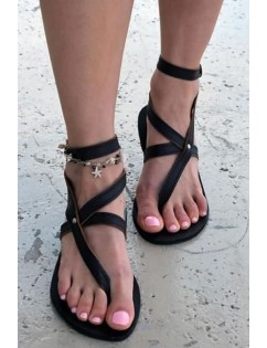 Black Strappy Ankle Strap Thong Flat Sandals