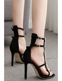 Black Studded Strappy Open Toe Stiletto High Heel Sandals