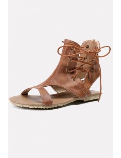 Brown Lace Up Strappy Cut Out Flat Sandals