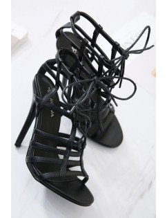 Black Lace Up Strappy Caged High Heel Gladiator Sandals