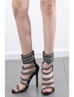 Black Studded Cutout Strappy Stiletto High Heel Sandals
