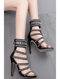 Black Studded Cutout Strappy Stiletto High Heel Sandals