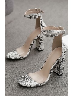 White Snakeskin Clear Ankle Strap Chunky Heel Sandals