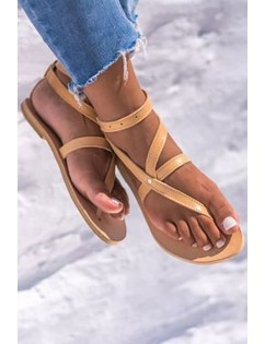 Light-brown Strappy Ankle Strap Thong Flat Sandals