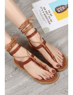 Brown Lace Up Bead Thong Flat Gladiator Sandals