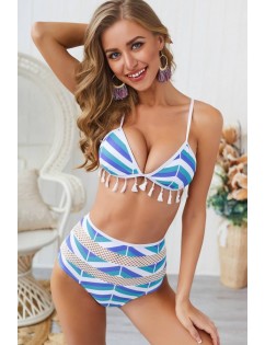 Blue Striped Tassels Hollow Out Triangle High Waist Sexy Bikini