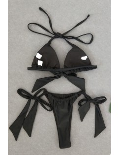 Black Halter Ruched Triangle High Cut Brazilian Thong Bikini