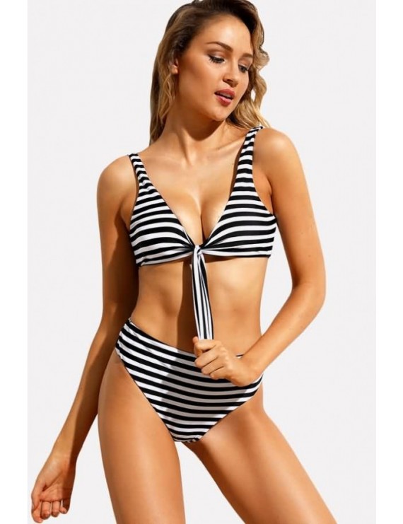Black-stripe Knotted Padded High Waist Sexy Bikini Swimsuit