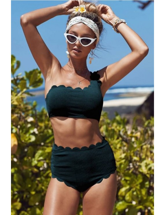 Dark-green Scallop One Shoulder Padded Sexy Bikini