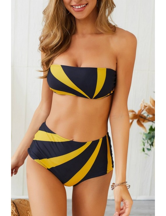 Yellow Patchwork Bandeau Padded High Waist Sexy Bikini