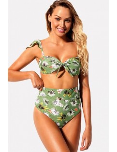Green Leaf Cap Sleeve High Waist Sexy Bikini Swimsuit