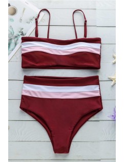 Dark-red Color Block Padded High Waist Sexy Bikini Swimsuit