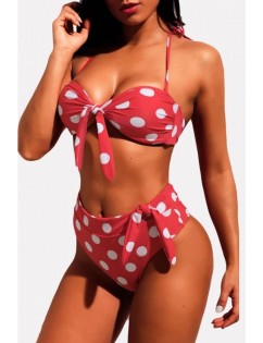 Red Polka Dot Halter Knotted High Cut Sexy Bikini