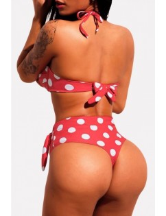 Red Polka Dot Halter Knotted High Cut Sexy Bikini