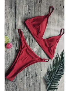 Dark-red Spaghetti Straps Padded High Cut Sexy Thong Bikini