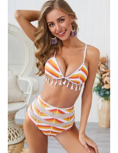 Orange Striped Tassels Hollow Out Triangle High Waist Sexy Bikini