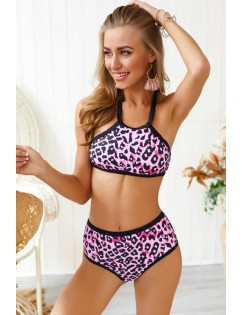 Leopard Halter High Neck Padded High Waist Sexy Bikini