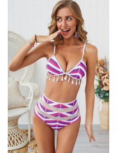 Purple Striped Tassels Hollow Out Triangle High Waist Sexy Bikini