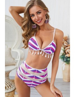 Purple Striped Tassels Hollow Out Triangle High Waist Sexy Bikini