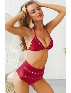 Dark-red Halter Rhinestone Mesh Splicing Triangle Sexy Bikini