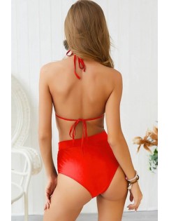 Red Halter Rhinestone Mesh Splicing Triangle Sexy Bikini
