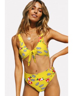 Yellow Floral Print Knotted Padded High Waist Sexy Bikini Swimsuit