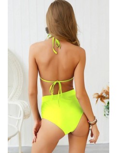 Neon Green Halter Rhinestone Mesh Splicing Triangle Sexy Bikini