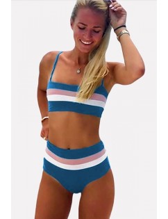 Blue Color Block Spaghetti Straps Padded Sexy Bikini