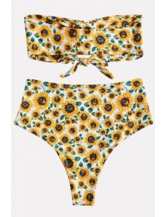 Yellow Sunflower Print Knotted Bandeau Cheeky Sexy Bikini Swimsuit