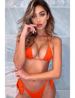 Orange Halter Ruched Triangle High Cut Brazilian Thong Bikini