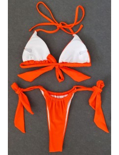 Orange Halter Ruched Triangle High Cut Brazilian Thong Bikini