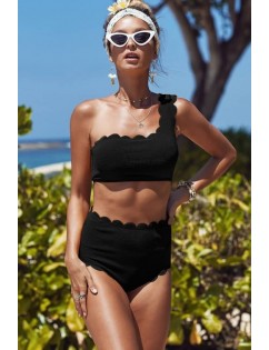 Black Scallop One Shoulder Padded Sexy Bikini