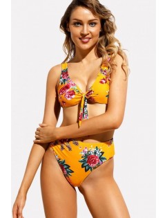 Orange Floral Print Knotted Padded High Waist Sexy Bikini Swimsuit